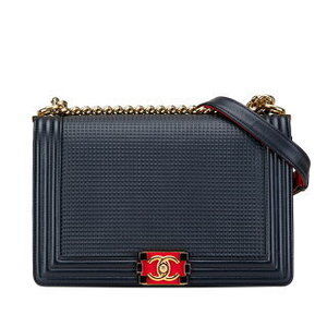 Chanel Boy Coco Mark Chain Shoulder Bag Handbag Navy Blue Lambskin